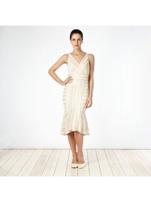 Light Gold Lace Overlay Flared Hem Dress - length: calf length; neckline: low v-neck; pattern: plain; sleeve style: sleeveless; predominant colour: white; occasions: evening, occasion; fit: body skimming; style: fishtail; sleeve length: sleeveless; texture group: lace; pattern type: fabric; fibres: nylon - stretch; embellishment: lace