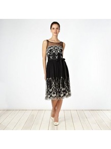 Black Embroidered Mesh Prom Dress - neckline: round neck; sleeve style: sleeveless; style: prom dress; bust detail: sheer at bust; waist detail: belted waist/tie at waist/drawstring; secondary colour: white; predominant colour: black; occasions: evening, occasion; length: on the knee; fit: fitted at waist & bust; fibres: polyester/polyamide - 100%; hip detail: soft pleats at hip/draping at hip/flared at hip; back detail: sheer fabric at back; sleeve length: sleeveless; pattern type: fabric; pattern: patterned/print; texture group: net/tulle; embellishment: embroidered