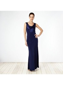 Designer Navy Satin Trimmed Cowl Neck Maxi Dress - style: ballgown; neckline: cowl/draped neck; pattern: plain; sleeve style: sleeveless; length: ankle length; back detail: low cut/open back; predominant colour: navy; occasions: evening, occasion; fit: body skimming; fibres: polyester/polyamide - mix; hip detail: soft pleats at hip/draping at hip/flared at hip; bust detail: contrast pattern/fabric/detail at bust; sleeve length: sleeveless; texture group: silky - light; pattern type: fabric