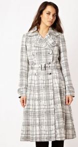 Ivory Grid Jacquard Coat - pattern: checked/gingham; length: below the bottom; style: trench coat; collar: standard lapel/rever collar; predominant colour: white; secondary colour: mid grey; occasions: evening, work; fit: tailored/fitted; fibres: polyester/polyamide - mix; waist detail: belted waist/tie at waist/drawstring; sleeve length: long sleeve; sleeve style: standard; collar break: medium; pattern type: fabric; pattern size: big & busy; texture group: woven light midweight