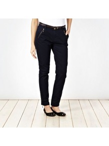 Navy Zip Cuff Belted Chinos - length: standard; pattern: plain; pocket detail: large back pockets, pockets at the sides; waist detail: belted waist/tie at waist/drawstring; waist: mid/regular rise; predominant colour: navy; occasions: casual, evening, work, holiday; style: chino; fibres: cotton - stretch; hip detail: added detail/embellishment at hip; texture group: cotton feel fabrics; fit: straight leg; pattern type: fabric