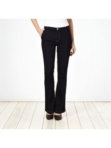 Dark Blue Kick Flare Jeans - style: flares; length: standard; pattern: plain; pocket detail: traditional 5 pocket; waist: mid/regular rise; predominant colour: navy; occasions: casual, evening; fibres: cotton - stretch; jeans detail: dark wash; texture group: denim; pattern type: fabric
