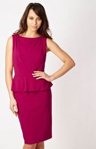 Designer Pink Jersey Peplum Dress - style: shift; neckline: slash/boat neckline; fit: tailored/fitted; pattern: plain; sleeve style: sleeveless; waist detail: peplum waist detail; predominant colour: hot pink; occasions: evening, work, occasion; length: on the knee; fibres: polyester/polyamide - 100%; sleeve length: sleeveless; texture group: crepes; trends: glamorous day shifts; pattern type: fabric