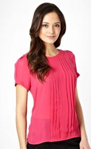 Dark Pink Box Pleated Shell Top - neckline: round neck; pattern: plain; bust detail: ruching/gathering/draping/layers/pintuck pleats at bust; predominant colour: hot pink; occasions: evening, work; length: standard; style: top; fibres: polyester/polyamide - 100%; fit: straight cut; shoulder detail: flat/draping pleats/ruching/gathering at shoulder; sleeve length: short sleeve; sleeve style: standard; texture group: sheer fabrics/chiffon/organza etc.; pattern type: fabric