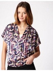 Pink Snake Printed Kimono Wrapped Top - neckline: low v-neck; style: wrap/faux wrap; secondary colour: royal blue; occasions: evening, work, holiday; length: standard; fibres: polyester/polyamide - 100%; fit: body skimming; predominant colour: multicoloured; sleeve length: short sleeve; sleeve style: standard; texture group: sheer fabrics/chiffon/organza etc.; pattern type: fabric; pattern size: big & busy; pattern: animal print