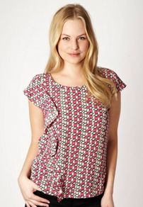 Dark Pink Ruffled Cube Patterned Top - neckline: round neck; sleeve style: capped; waist detail: twist front waist detail/nipped in at waist on one side/soft pleats/draping/ruching/gathering waist detail; secondary colour: white; occasions: casual, evening, work, holiday; length: standard; style: top; fibres: polyester/polyamide - 100%; fit: straight cut; back detail: embellishment at back; sleeve length: short sleeve; trends: sculptural frills, modern geometrics; bust detail: tiers/frills/bulky drapes/pleats; pattern type: fabric; pattern size: small & busy; pattern: patterned/print; texture group: jersey - stretchy/drapey; predominant colour: dusky pink