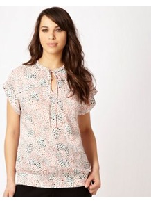 White Animal Printed Keyhole Necked Top - sleeve style: dolman/batwing; style: blouson; waist detail: wide waistband/cummerbund; bust detail: ruching/gathering/draping/layers/pintuck pleats at bust; occasions: casual, evening, work, holiday; length: standard; neckline: peep hole neckline; fibres: viscose/rayon - 100%; fit: body skimming; predominant colour: multicoloured; sleeve length: short sleeve; pattern type: fabric; pattern size: small & busy; pattern: patterned/print; texture group: jersey - stretchy/drapey