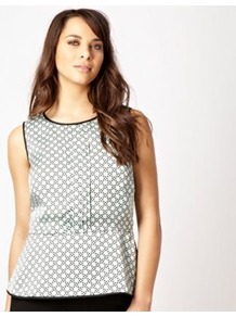 Aqua Spotted Peplum Top - neckline: round neck; sleeve style: sleeveless; pattern: polka dot; waist detail: peplum waist detail; bust detail: ruching/gathering/draping/layers/pintuck pleats at bust; predominant colour: pistachio; secondary colour: black; occasions: evening, work; length: standard; style: top; fibres: polyester/polyamide - 100%; fit: tailored/fitted; sleeve length: sleeveless; pattern type: fabric; pattern size: small & busy; texture group: other - light to midweight