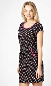 Designer Black Polka Dot Tea Dress - style: shift; length: mid thigh; neckline: round neck; sleeve style: capped; fit: fitted at waist; waist detail: elasticated waist, fitted waist, belted waist/tie at waist/drawstring; hip detail: front pockets at hip; pattern: polka dot; predominant colour: black; occasions: casual, holiday; fibres: polyester/polyamide - 100%; sleeve length: short sleeve; pattern type: fabric; pattern size: small & busy; texture group: jersey - stretchy/drapey