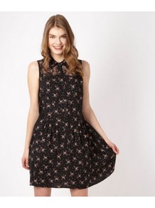 Designer Black Floral Lace Dress - style: shirt; length: mid thigh; neckline: shirt collar/peter pan/zip with opening; fit: fitted at waist; sleeve style: sleeveless; waist detail: fitted waist, twist front waist detail/nipped in at waist on one side/soft pleats/draping/ruching/gathering waist detail; shoulder detail: contrast pattern/fabric at shoulder; back detail: contrast pattern/fabric at back; bust detail: buttons at bust (in middle at breastbone)/zip detail at bust, contrast pattern/fabric/detail at bust; predominant colour: black; occasions: casual, evening, work, holiday; fibres: polyester/polyamide - 100%; hip detail: structured pleats at hip, soft pleats at hip/draping at hip/flared at hip; sleeve length: sleeveless; trends: high impact florals; pattern type: fabric; pattern size: small & busy; pattern: florals, patterned/print; texture group: jersey - stretchy/drapey