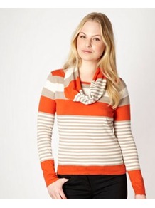 Dark Orange Striped Snood Jumper - neckline: cowl/draped neck; pattern: horizontal stripes; style: standard; predominant colour: bright orange; occasions: casual, work; length: standard; fibres: cotton - 100%; fit: standard fit; sleeve length: long sleeve; sleeve style: standard; texture group: knits/crochet; pattern type: fabric; pattern size: standard