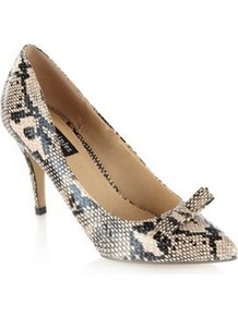 Beige Faux Snakeskin Court Shoes - predominant colour: ivory; secondary colour: charcoal; occasions: evening, work, occasion; material: faux leather; heel height: high; heel: stiletto; toe: pointed toe; style: courts; finish: plain; pattern: animal print; embellishment: bow