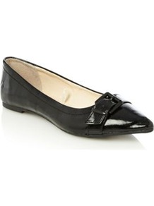 Black Efa Buckle Trimmed Patent Pumps - predominant colour: black; occasions: casual, evening, work; material: faux leather; heel height: flat; embellishment: buckles; toe: pointed toe; style: ballerinas / pumps; finish: patent; pattern: plain