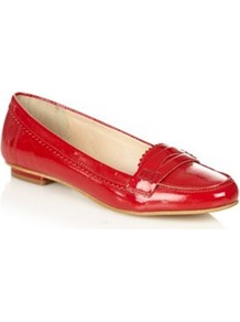 Red Patent Leather Loafer Trim Pumps - predominant colour: true red; occasions: casual, work; material: leather; heel height: flat; toe: round toe; style: loafers; finish: patent; pattern: plain