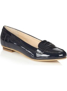 Navy Patent Leather Loafer Trim Pumps - predominant colour: black; occasions: casual, work; material: leather; heel height: flat; toe: round toe; style: loafers; finish: patent; pattern: plain