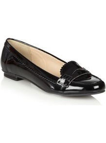 Black Patent Leather Loafer Trim Pumps - predominant colour: black; occasions: casual, work; material: leather; heel height: flat; toe: round toe; style: loafers; finish: patent; pattern: plain