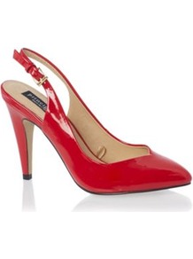 Red Enette High Heel Patent Shoes - predominant colour: true red; occasions: evening, work, occasion; material: faux leather; heel height: high; heel: stiletto; toe: pointed toe; style: slingbacks; finish: patent; pattern: plain