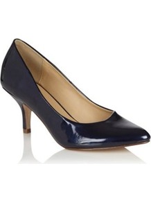 Navy Metallic Mid Height Heeled Court Shoes With Pointed Toes - predominant colour: black; occasions: evening, work, occasion; material: faux leather; heel height: mid; heel: stiletto; toe: pointed toe; style: courts; finish: patent; pattern: plain