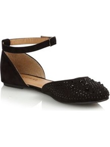 Black Quellette Studded Pumps - predominant colour: black; occasions: casual, evening, work, holiday; material: faux leather; heel height: flat; embellishment: studs; ankle detail: ankle strap; toe: round toe; style: ballerinas / pumps; finish: plain; pattern: plain