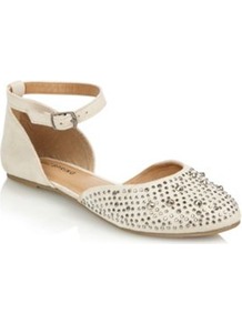 Taupe Quellette Studded Pumps - predominant colour: white; occasions: casual, evening, work, holiday; material: faux leather; heel height: flat; embellishment: studs; ankle detail: ankle strap; toe: round toe; style: ballerinas / pumps; finish: plain; pattern: plain