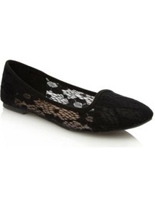 Black Ramya Lace Pumps - predominant colour: black; occasions: casual, evening, work; material: faux leather; heel height: flat; toe: round toe; style: ballerinas / pumps; finish: plain; pattern: plain; embellishment: lace