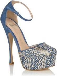 Blue Desire Platform Heel Shoes - secondary colour: ivory; predominant colour: diva blue; occasions: evening, occasion, holiday; material: faux leather; embellishment: embroidered; ankle detail: ankle strap; heel: platform; toe: round toe; style: courts; trends: statement prints, modern geometrics; finish: plain; pattern: patterned/print; heel height: very high