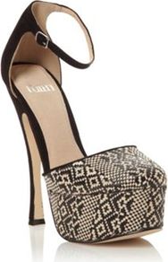 Black Desire Platform Heel Shoes - secondary colour: ivory; predominant colour: black; occasions: evening, occasion, holiday; material: fabric; ankle detail: ankle strap; heel: platform; toe: round toe; style: courts; trends: statement prints, modern geometrics; finish: plain; pattern: patterned/print; heel height: very high