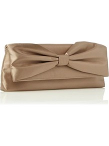 Mocha Gathered Bow Clutch Bag - predominant colour: taupe; occasions: evening, occasion; type of pattern: standard; style: clutch; length: hand carry; size: standard; material: satin; pattern: plain; finish: plain; embellishment: bow