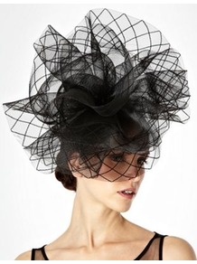 Black Grid Patterned Ruffled Fascinator - predominant colour: black; occasions: evening, occasion; type of pattern: standard; style: fascinator; size: large; material: fabric; pattern: plain