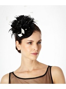 Black Feathered Flower Disc Hair Band - predominant colour: black; occasions: evening, occasion; type of pattern: standard; style: fascinator; size: standard; material: sinamay; embellishment: feather; pattern: plain