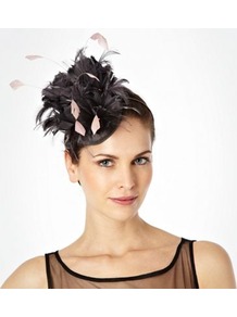 Grey Feathered Flower Disc Hair Band - secondary colour: blush; predominant colour: charcoal; occasions: evening, occasion; type of pattern: small; style: fascinator; size: standard; material: sinamay; embellishment: feather; pattern: plain