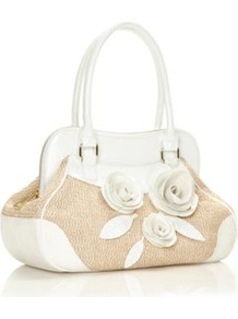 Designer White Rose Corsage Shoulder Bag - predominant colour: white; secondary colour: stone; occasions: casual, evening, work; type of pattern: large; style: shoulder; length: handle; size: standard; material: faux leather; finish: plain; pattern: colourblock; embellishment: corsage