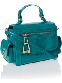 Designer Turquoise Mini Pocket Cross Body Bag - predominant colour: turquoise; secondary colour: silver; occasions: casual, evening, work, occasion, holiday; type of pattern: standard; style: shoulder; length: across body/long; size: small; material: faux leather; embellishment: zips; pattern: plain; finish: patent