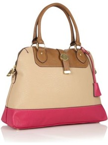 Designer Cream Colour Block Kettle Bag - predominant colour: stone; occasions: casual, work; type of pattern: light; style: tote; length: handle; size: standard; material: faux leather; finish: plain; pattern: colourblock; secondary colour: dusky pink