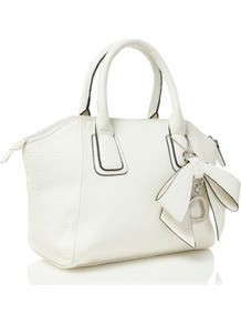 White Bow Charm Grab Bag - predominant colour: white; occasions: casual, evening, work, occasion, holiday; type of pattern: standard; style: grab bag; length: handle; size: standard; material: faux leather; pattern: plain; finish: plain; embellishment: bow
