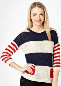 Nude Stripe Pattern Knitted Jumper - neckline: round neck; pattern: horizontal stripes, colourblock; style: standard; shoulder detail: contrast pattern/fabric at shoulder; predominant colour: white; occasions: casual, work; length: standard; fibres: acrylic - 100%; fit: standard fit; waist detail: front pockets at waist level; bust detail: contrast pattern/fabric/detail at bust; sleeve length: 3/4 length; sleeve style: standard; texture group: knits/crochet; trends: striking stripes; pattern type: knitted - other; pattern size: big & light