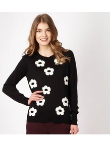 Black Daisy Intarsia Jumper - neckline: round neck; style: standard; back detail: contrast pattern/fabric at back; predominant colour: black; occasions: casual; length: standard; fibres: cotton - mix; fit: standard fit; bust detail: contrast pattern/fabric/detail at bust; sleeve length: long sleeve; sleeve style: standard; texture group: knits/crochet; trends: high impact florals; pattern type: knitted - fine stitch; pattern size: big & light; pattern: florals, patterned/print