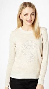 Beige Studded Skull Knitted Jumper - bust detail: added detail/embellishment at bust; style: standard; predominant colour: ivory; occasions: casual; length: standard; fibres: acrylic - mix; fit: standard fit; neckline: crew; sleeve length: long sleeve; sleeve style: standard; texture group: knits/crochet; pattern type: knitted - fine stitch; pattern size: small & light; embellishment: beading