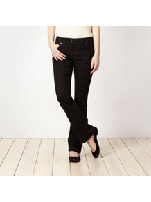 Black Bootcut Jeans - style: bootcut; length: standard; pattern: plain; pocket detail: traditional 5 pocket; waist: mid/regular rise; predominant colour: black; occasions: casual; fibres: cotton - mix; jeans detail: dark wash; texture group: denim; pattern type: fabric