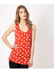 Red Apple Patterned Vest - sleeve style: sleeveless; length: below the bottom; style: vest top; secondary colour: ivory; predominant colour: bright orange; occasions: casual, holiday; neckline: scoop; fibres: cotton - mix; fit: body skimming; back detail: longer hem at back than at front; sleeve length: sleeveless; texture group: cotton feel fabrics; pattern type: fabric; pattern size: standard; pattern: patterned/print