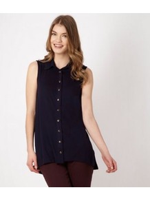 Navy Jersey Dipped Hem Shirt - neckline: shirt collar/peter pan/zip with opening; pattern: plain; sleeve style: sleeveless; length: below the bottom; style: shirt; predominant colour: black; occasions: casual, evening, work; fibres: viscose/rayon - 100%; fit: loose; back detail: longer hem at back than at front; sleeve length: sleeveless; pattern type: fabric; texture group: jersey - stretchy/drapey