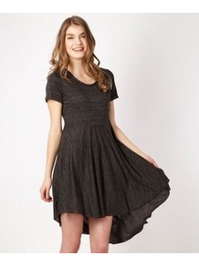 Dark Grey Dipped Hem Jersey Tunic - length: mid thigh; fit: loose; pattern: plain; waist detail: twist front waist detail/nipped in at waist on one side/soft pleats/draping/ruching/gathering waist detail; predominant colour: charcoal; occasions: casual, evening; style: asymmetric (hem); neckline: scoop; fibres: polyester/polyamide - mix; hip detail: soft pleats at hip/draping at hip/flared at hip; back detail: longer hem at back than at front; sleeve length: short sleeve; sleeve style: standard; pattern type: fabric; texture group: jersey - stretchy/drapey