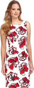 Graphic Floral Shift Dress - style: shift; neckline: round neck; fit: tailored/fitted; sleeve style: sleeveless; predominant colour: white; occasions: casual, evening, occasion; length: just above the knee; fibres: cotton - stretch; sleeve length: sleeveless; texture group: structured shiny - satin/tafetta/silk etc.; trends: high impact florals, glamorous day shifts; pattern type: fabric; pattern size: big & busy; pattern: florals