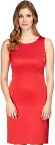 Red Shift Dress - style: shift; neckline: round neck; fit: tailored/fitted; pattern: plain; sleeve style: sleeveless; hip detail: fitted at hip; predominant colour: true red; occasions: evening, work, occasion; length: on the knee; fibres: polyester/polyamide - stretch; sleeve length: sleeveless; pattern type: fabric; texture group: other - light to midweight