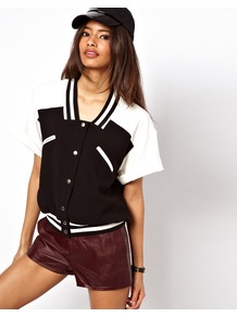 Baseball Jacket With Monochrome Pockets - pattern: plain, colourblock; collar: standard lapel/rever collar; style: baseball; predominant colour: black; occasions: casual; length: standard; fit: straight cut (boxy); fibres: polyester/polyamide - stretch; sleeve length: short sleeve; sleeve style: standard; collar break: medium; pattern type: fabric; pattern size: big & light; texture group: jersey - stretchy/drapey