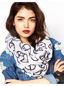 Peace Sign Snood - predominant colour: white; secondary colour: black; occasions: casual, holiday; type of pattern: standard; style: snood; size: large; material: fabric; pattern: patterned/print