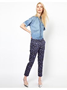 Printed Pants - pocket detail: small back pockets; waist: mid/regular rise; predominant colour: navy; occasions: casual, evening, work, holiday; length: ankle length; fibres: cotton - stretch; texture group: cotton feel fabrics; fit: slim leg; pattern type: fabric; pattern size: small & light; pattern: patterned/print; style: standard