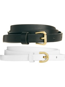 2 Pack Skinny Waist Belts - secondary colour: white; predominant colour: black; occasions: casual, evening, work, holiday; type of pattern: standard; style: classic; size: skinny; worn on: hips; material: faux leather; pattern: plain; finish: plain