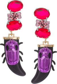 Jewel Beetle Earrings - predominant colour: hot pink; secondary colour: purple; occasions: evening, occasion, holiday; style: drop; length: long; size: large/oversized; material: chain/metal; fastening: pierced; finish: plain; embellishment: jewels