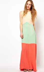 Striped Maxi Dress In Colour Block - neckline: slash/boat neckline; sleeve style: sleeveless; style: maxi dress; occasions: casual, holiday; length: floor length; fit: body skimming; fibres: polyester/polyamide - 100%; predominant colour: multicoloured; sleeve length: sleeveless; texture group: sheer fabrics/chiffon/organza etc.; pattern type: fabric; pattern size: big & light; pattern: colourblock